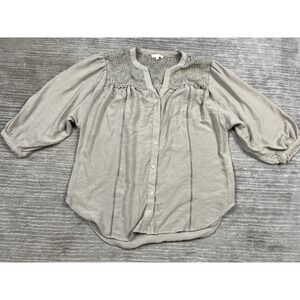 Fig + Flower Top Womens Large Beige‎ 3/4 Sleeve Button Up Rayon Blend Casual